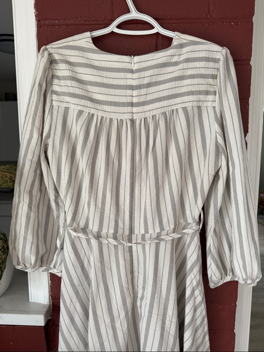 Calvin Klein White and Gray Striped Wrap Midi Dress with Tie Waist - Picture 7 of 9